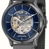 Men'S Maserati | Maserati Men'S Epoca Automatic (42Mm) Blue Skeleton Dial / Grey Steel Mesh Bracelet