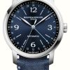 Men'S Baume & Mercier | Baume & Mercier Classima Automatic Dual-Time Gmt (42Mm) Blue Sun-Satin Dial / Blue Hollang & Sherry Fabric Strap