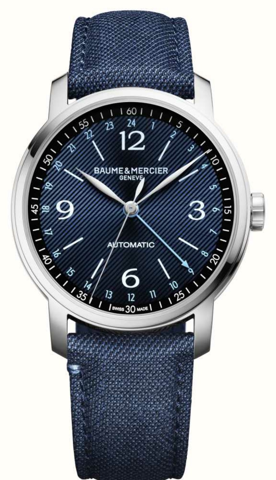 Men'S Baume & Mercier | Baume & Mercier Classima Automatic Dual-Time Gmt (42Mm) Blue Sun-Satin Dial / Blue Hollang & Sherry Fabric Strap