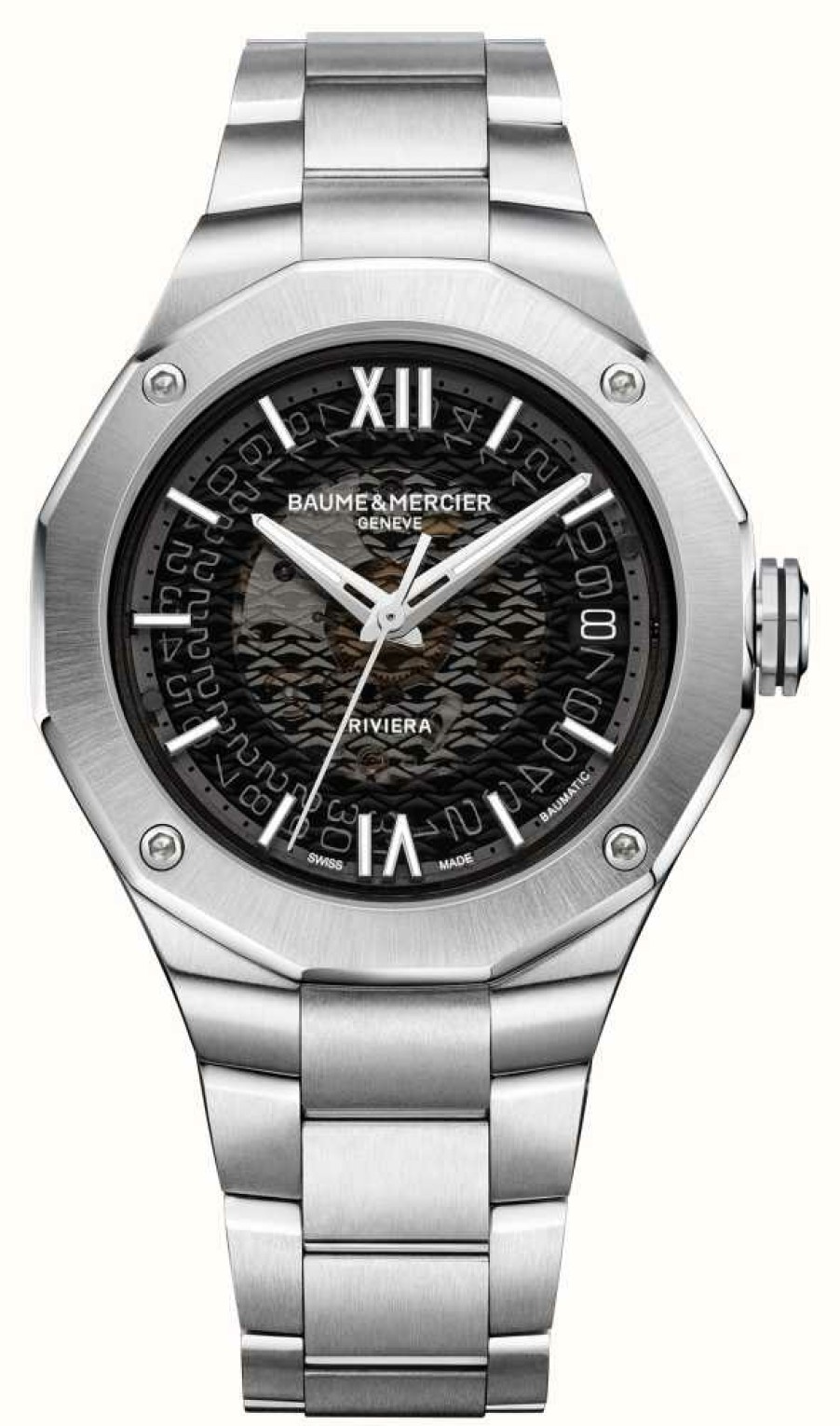 Men'S Baume & Mercier | Baume & Mercier Men'S Riviera Automatic (39Mm) Black Dial / Stainless Steel Bracelet