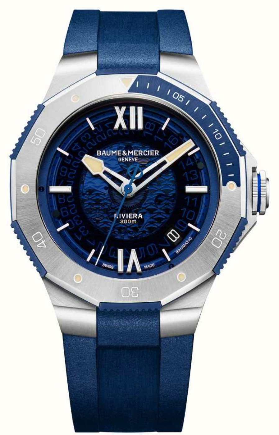 Men'S Baume & Mercier | Baume & Mercier Men'S Riviera Automatic (42Mm) Blue Dial / Blue Rubber Strap