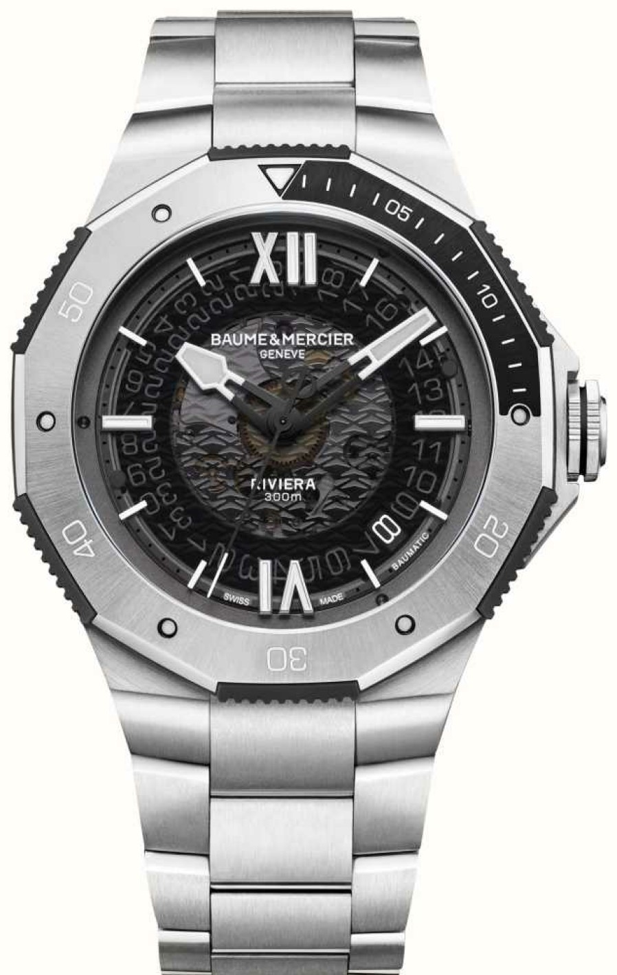 Men'S Baume & Mercier | Baume & Mercier Riviera 10717 Automatic (42Mm) Skeleton Dial / Stainless Steel