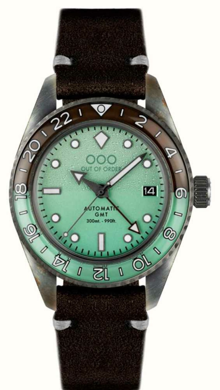 Men'S Out Of Order | Out Of Order After Eight Automatic Gmt (40Mm) Mint Green Dial / Chocolate Brown Leather