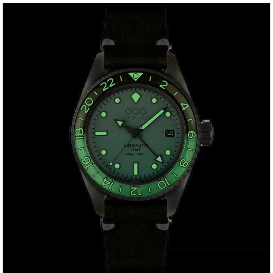 Men'S Out Of Order | Out Of Order After Eight Automatic Gmt (40Mm) Mint Green Dial / Chocolate Brown Leather