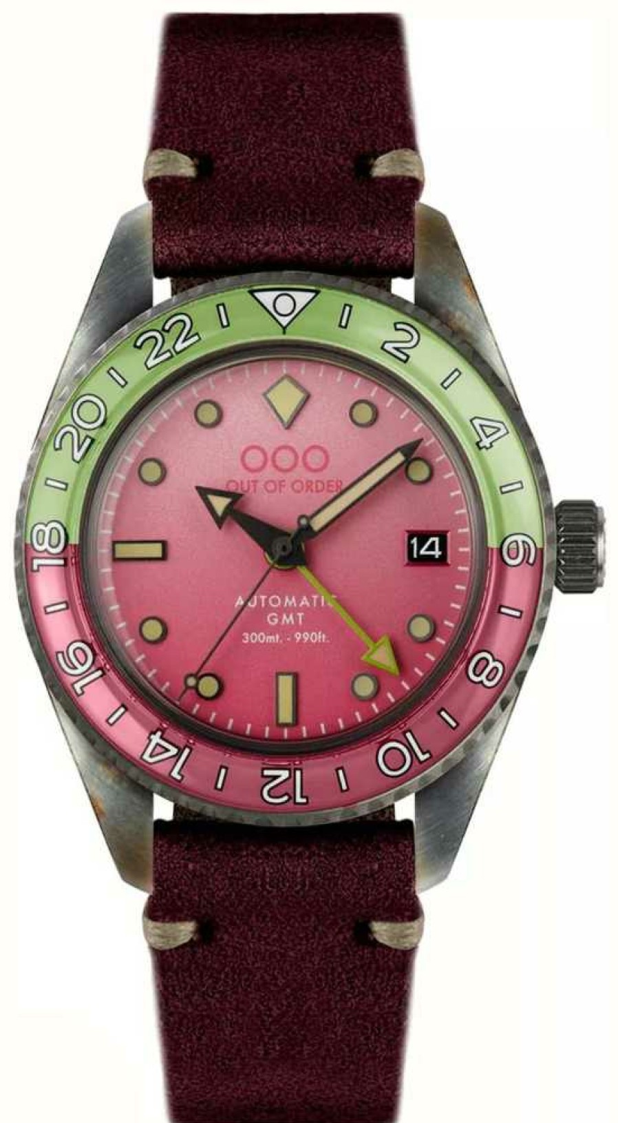 Men'S Out Of Order | Out Of Order Cosmopolitan Automatic Gmt (40Mm) Pink Dial / Coral Red Leather