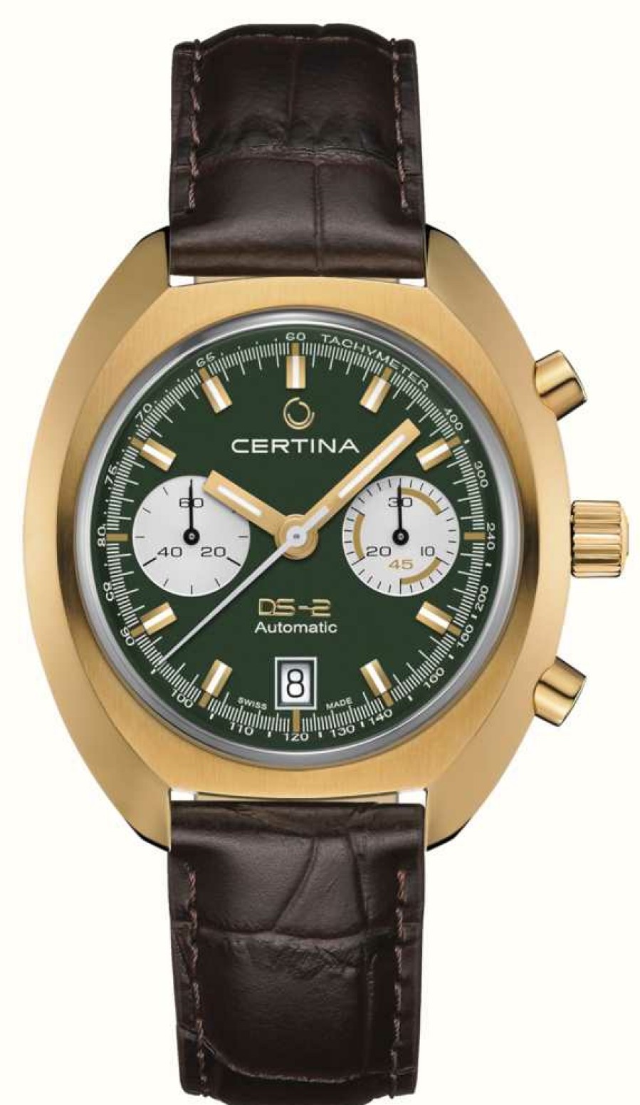 Men'S Certina | Certina Ds-2 Automatic Chronograph Green Dial / Brown Leather Strap