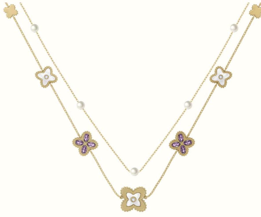 Jewelry Radley Jewellery | Radley Jewellery Gold Plated Purple Crystal Mother-Of-Pearl Double Chain Necklace