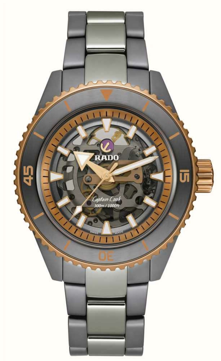 Men'S RADO | Rado Captain Cook High-Tech Ceramic Skeleton (43Mm) Grey Dial / 3-Link Plasma High-Tech Ceramic Bracelet