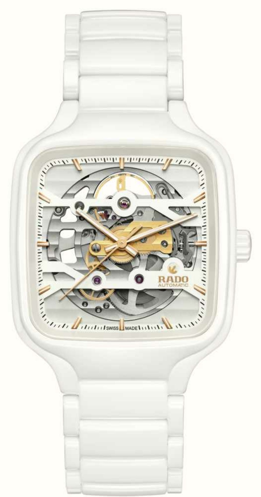 Men'S RADO | Rado True Square Automatic Skeleton (38Mm) White Dial / White High-Tech Ceramic Bracelet