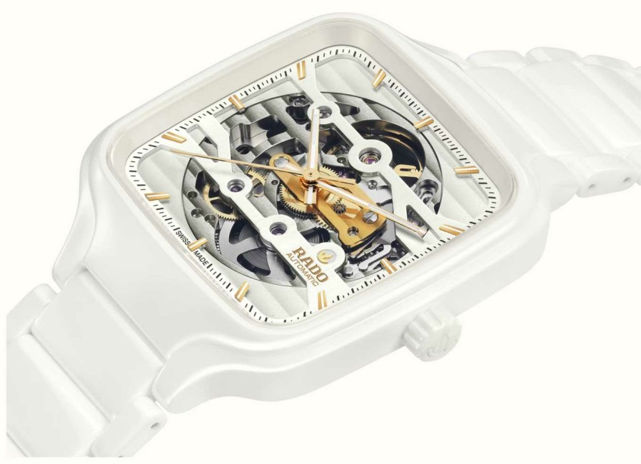 Men'S RADO | Rado True Square Automatic Skeleton (38Mm) White Dial / White High-Tech Ceramic Bracelet