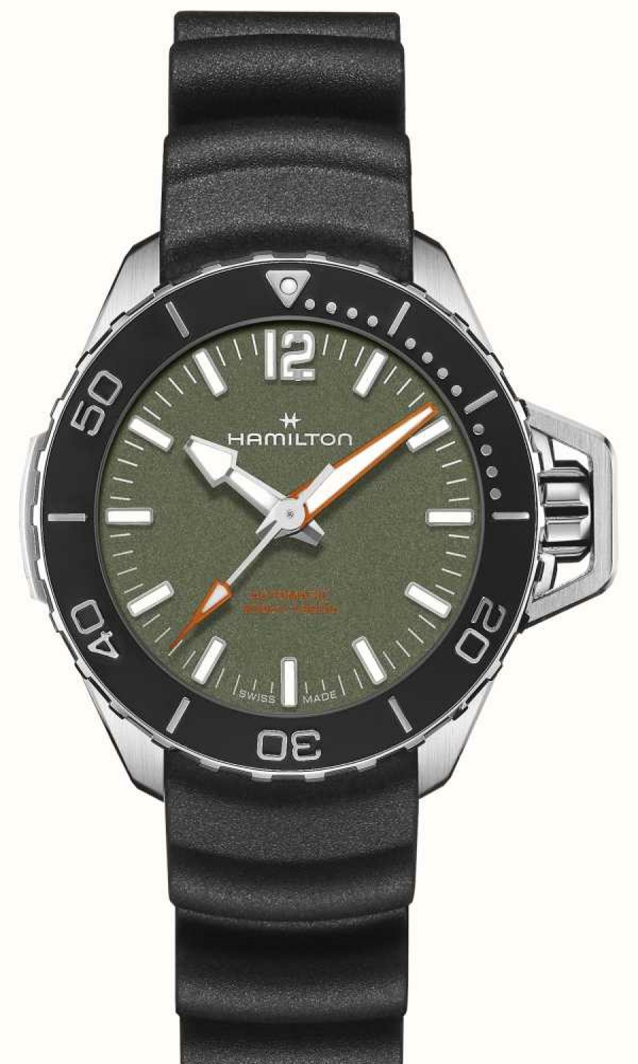 Men'S Hamilton | Hamilton Khaki Navy Frogman Automatic (41Mm) Green Dial / Black Rubber Strap