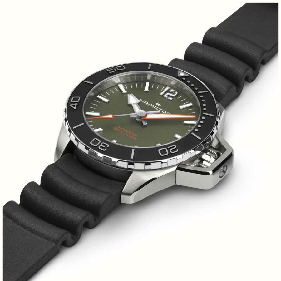 Men'S Hamilton | Hamilton Khaki Navy Frogman Automatic (41Mm) Green Dial / Black Rubber Strap