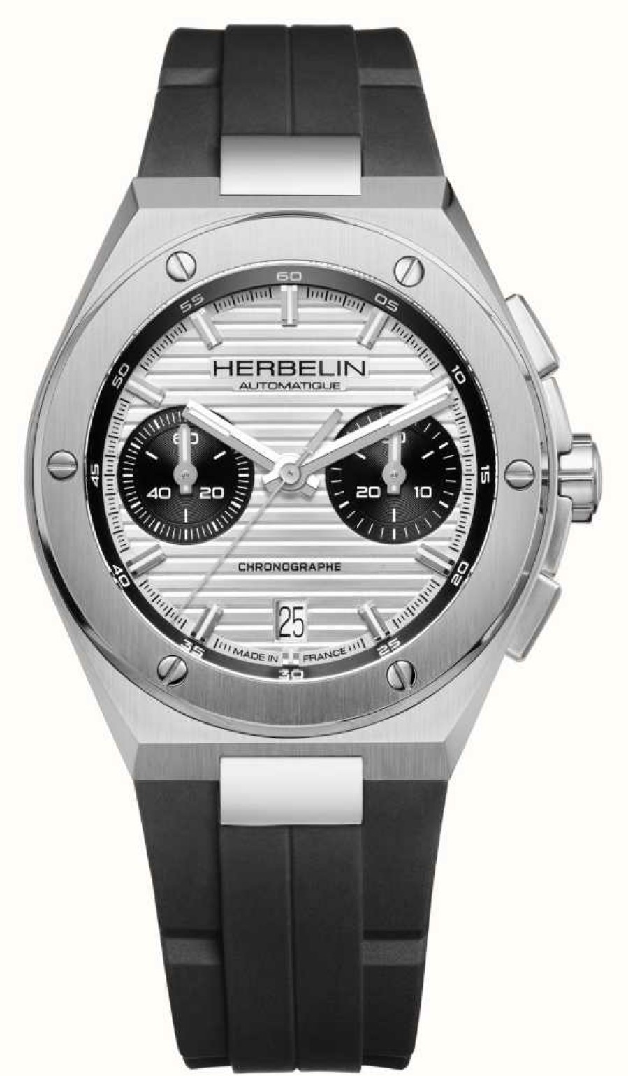 Men'S Herbelin | Herbelin Cap Camarat Automatic Chronograph (42Mm) Silver Dial / Black Rubber