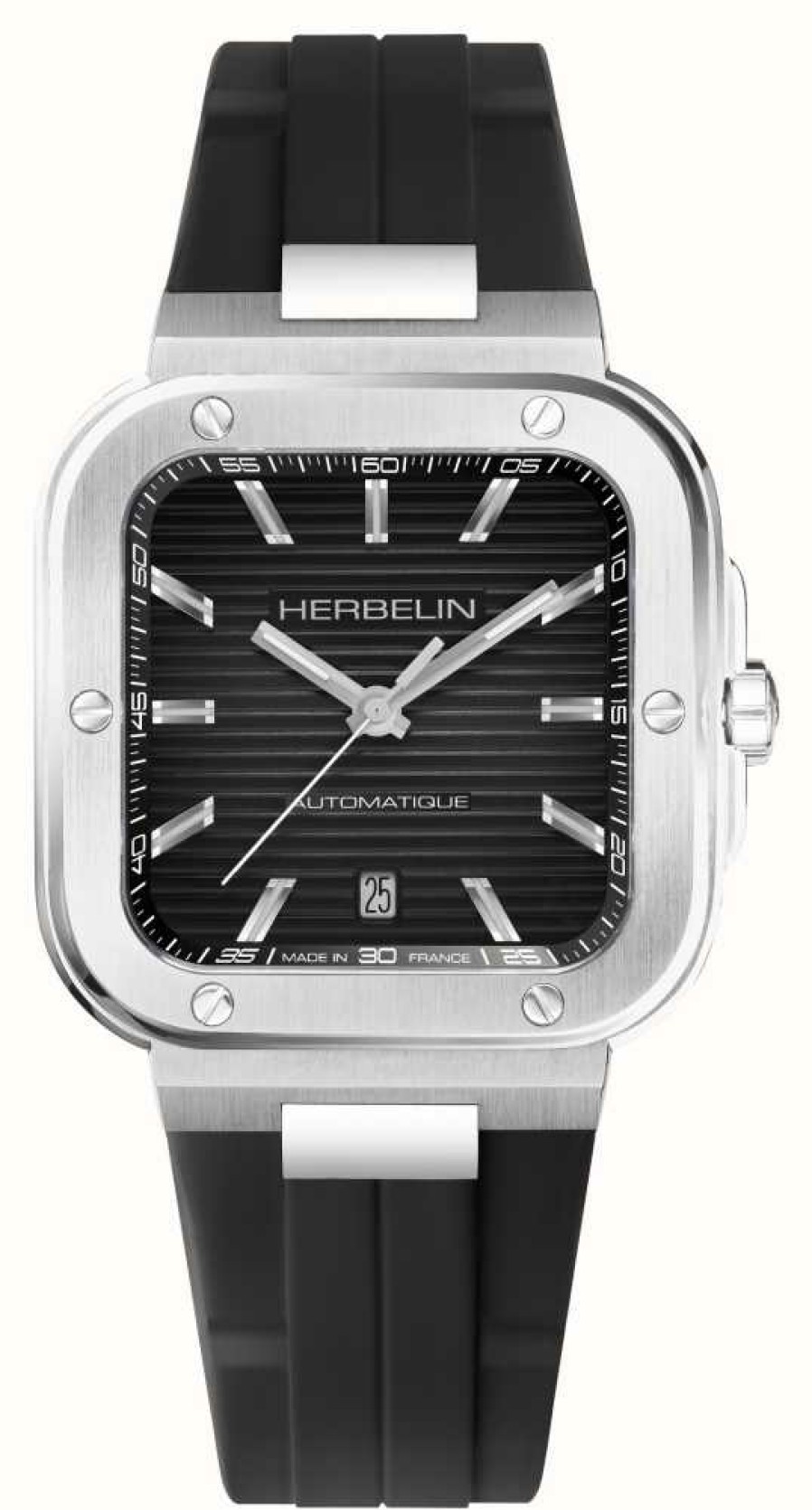 Men'S Herbelin | Herbelin Cap Camarat Square Automatic (39Mm) Black Dial / Black Rubber