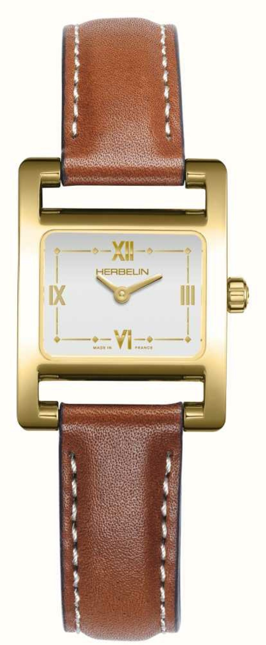 Women'S Herbelin | Herbelin V Avenue Gold (19 X 23.4Mm) Silver Dial / Brown Leather