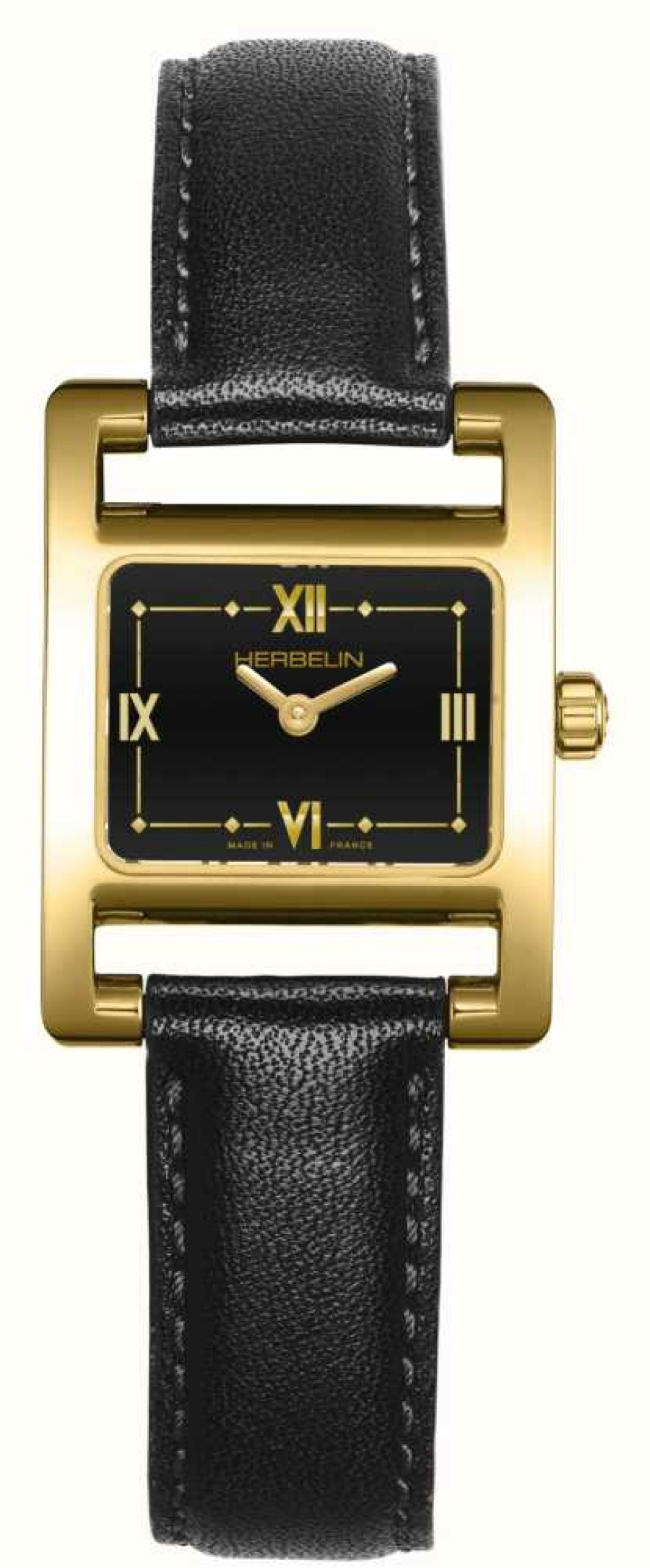 Women'S Herbelin | Herbelin V Avenue Gold (19 X 23.4Mm) Black Dial / Black Leather