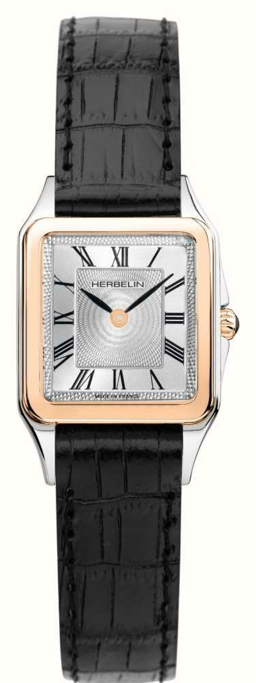 Women'S Herbelin | Herbelin Luna Quartz Rose-Gold (24Mm) Silver Dial / Black Leather