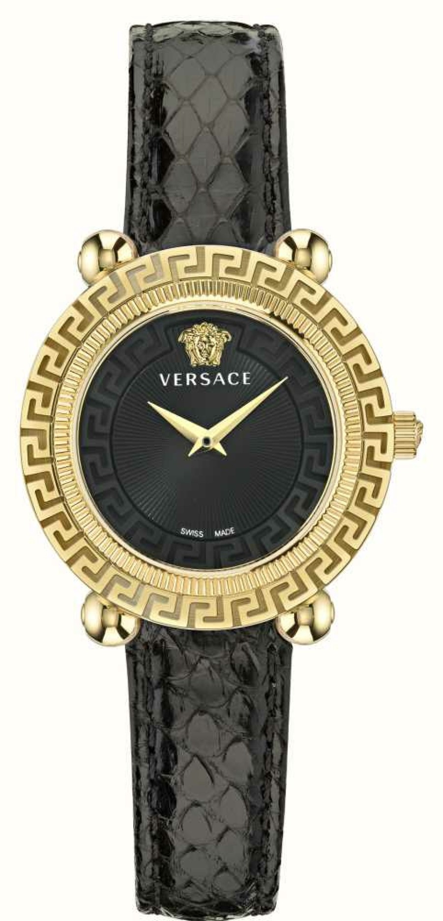 Women'S Versace | Versace Greca Twist (35Mm) Black Dial / Black Leather