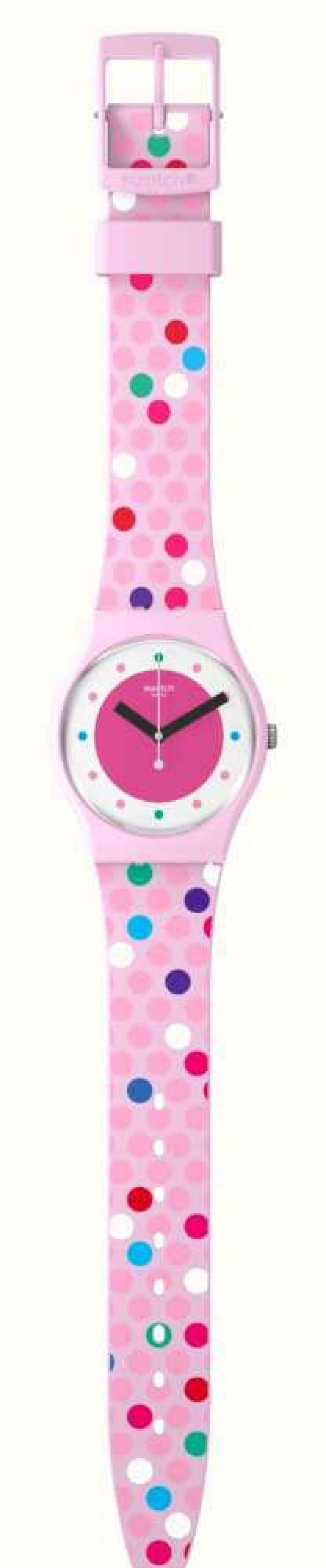 Men'S Swatch | Swatch Blowing Bubbles Pink Dial / Pink Polka Dot Silicone Strap