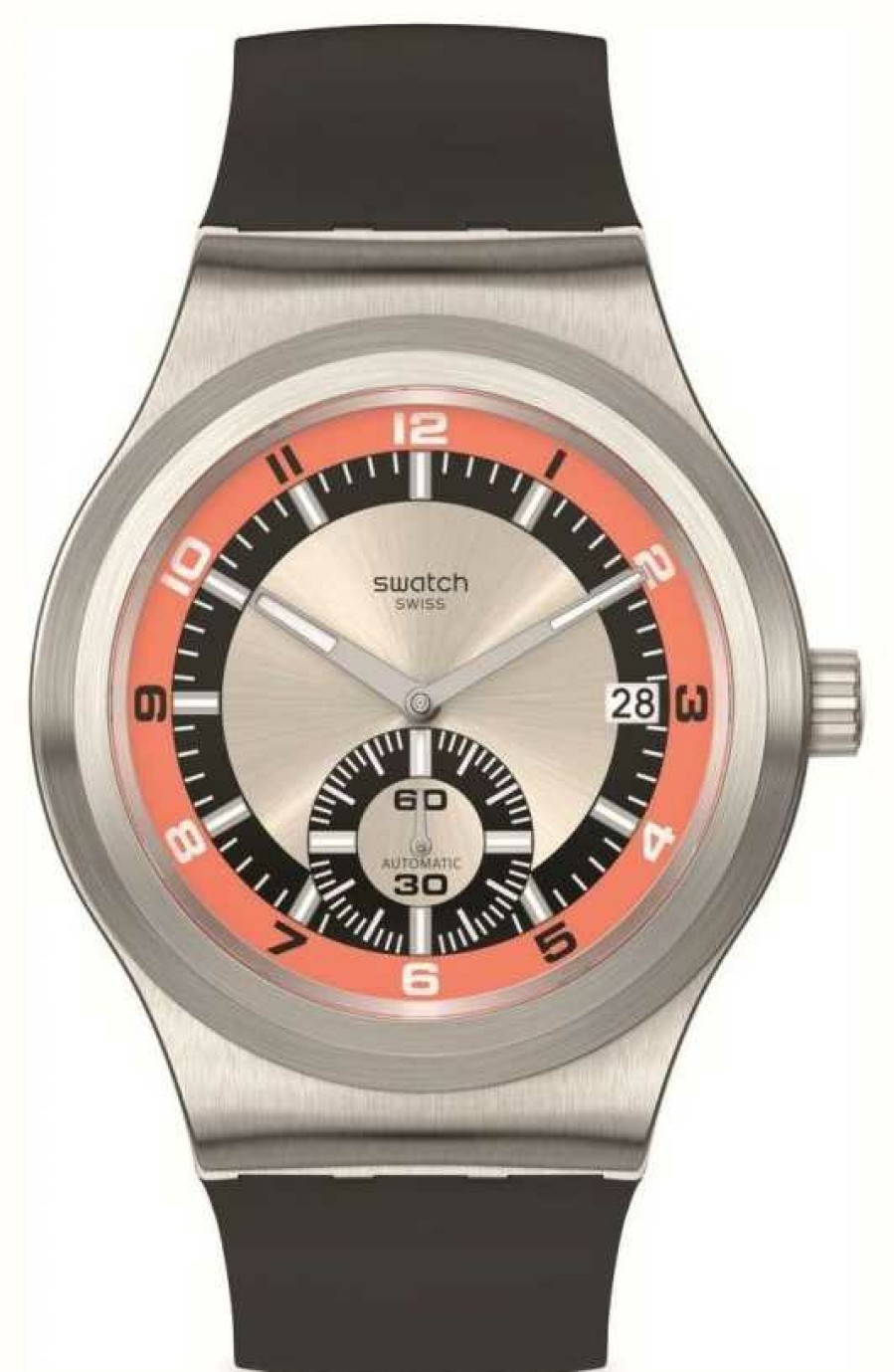 Men'S Swatch | Swatch Confidence 51 Silver Dial / Black Rubber Strap