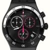 Men'S Swatch | Swatch Magenta At Night Black Chronograph Dial / Black Rubber Strap