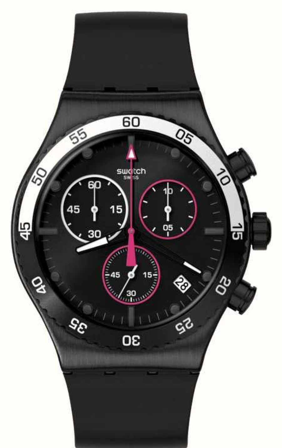 Men'S Swatch | Swatch Magenta At Night Black Chronograph Dial / Black Rubber Strap