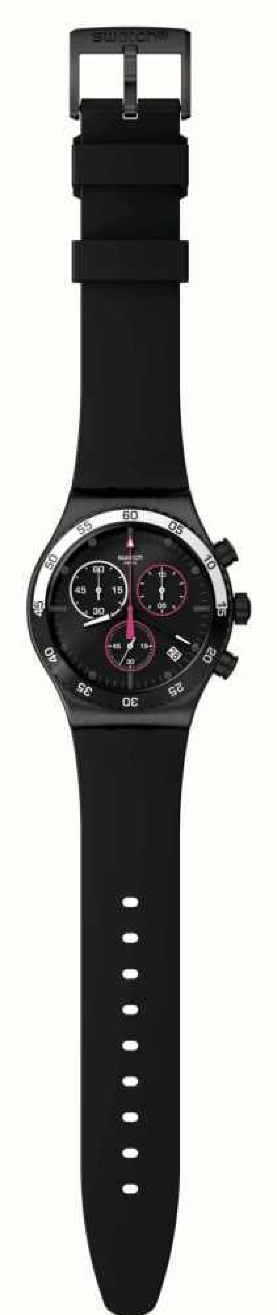 Men'S Swatch | Swatch Magenta At Night Black Chronograph Dial / Black Rubber Strap