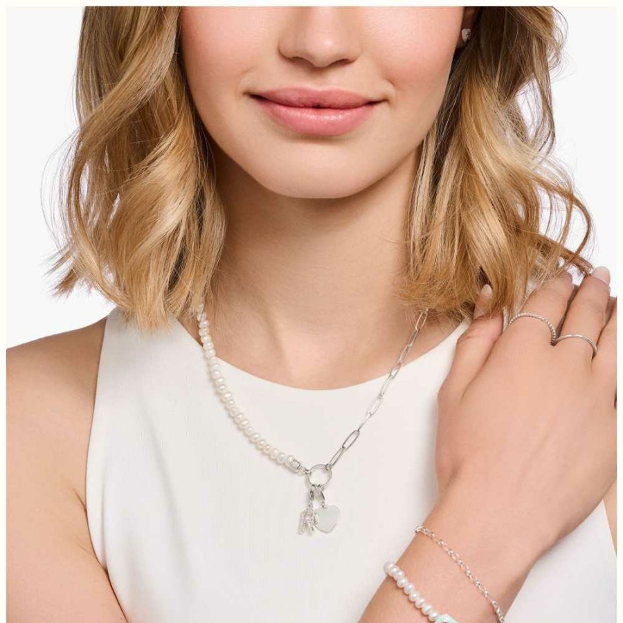 Jewelry Thomas Sabo Jewellery | Thomas Sabo Charm Necklace With White Pearls And Chain Links Sterling Silver 45Cm