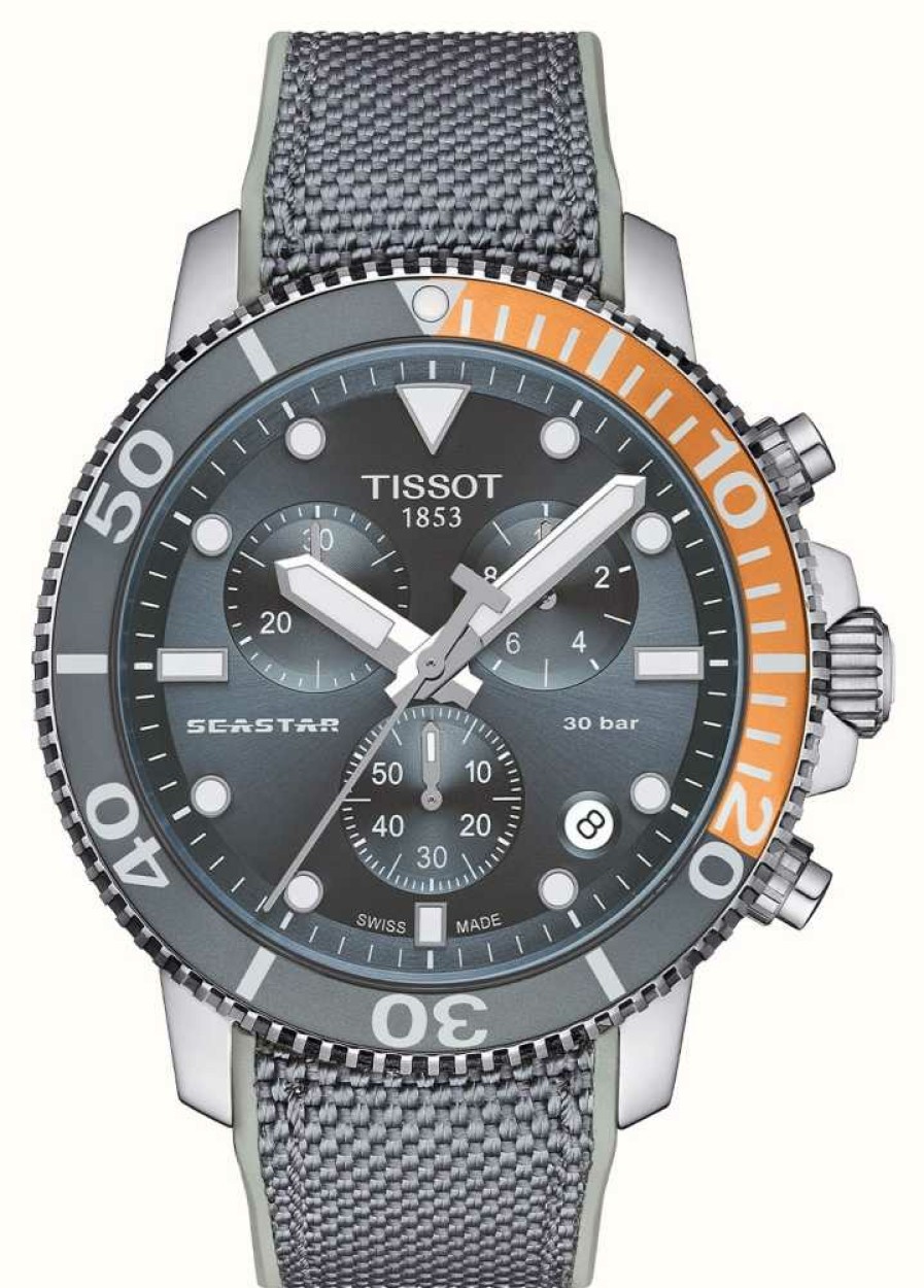 Men'S Tissot | Tissot Seastar 1000 Chronograph (45.5Mm) Grey Dial / Grey Fabric Silicone Strap