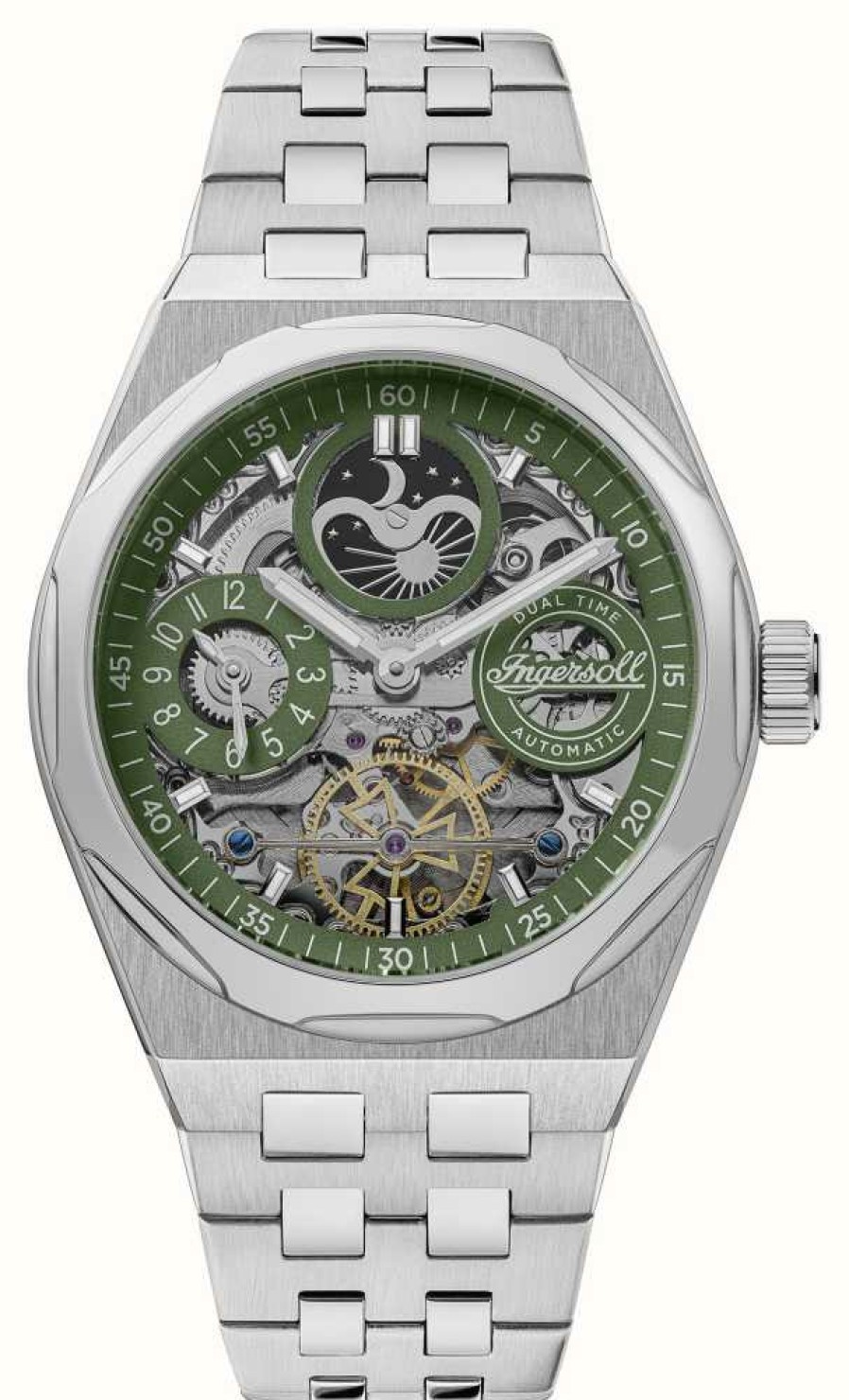 Men'S Ingersoll | Ingersoll The Broadway Automatic (43Mm) Green Skeleton Dial / Stainless Steel Bracelet