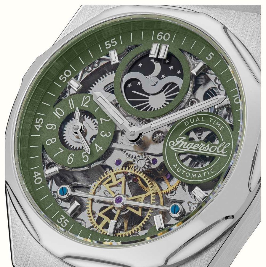 Men'S Ingersoll | Ingersoll The Broadway Automatic (43Mm) Green Skeleton Dial / Stainless Steel Bracelet