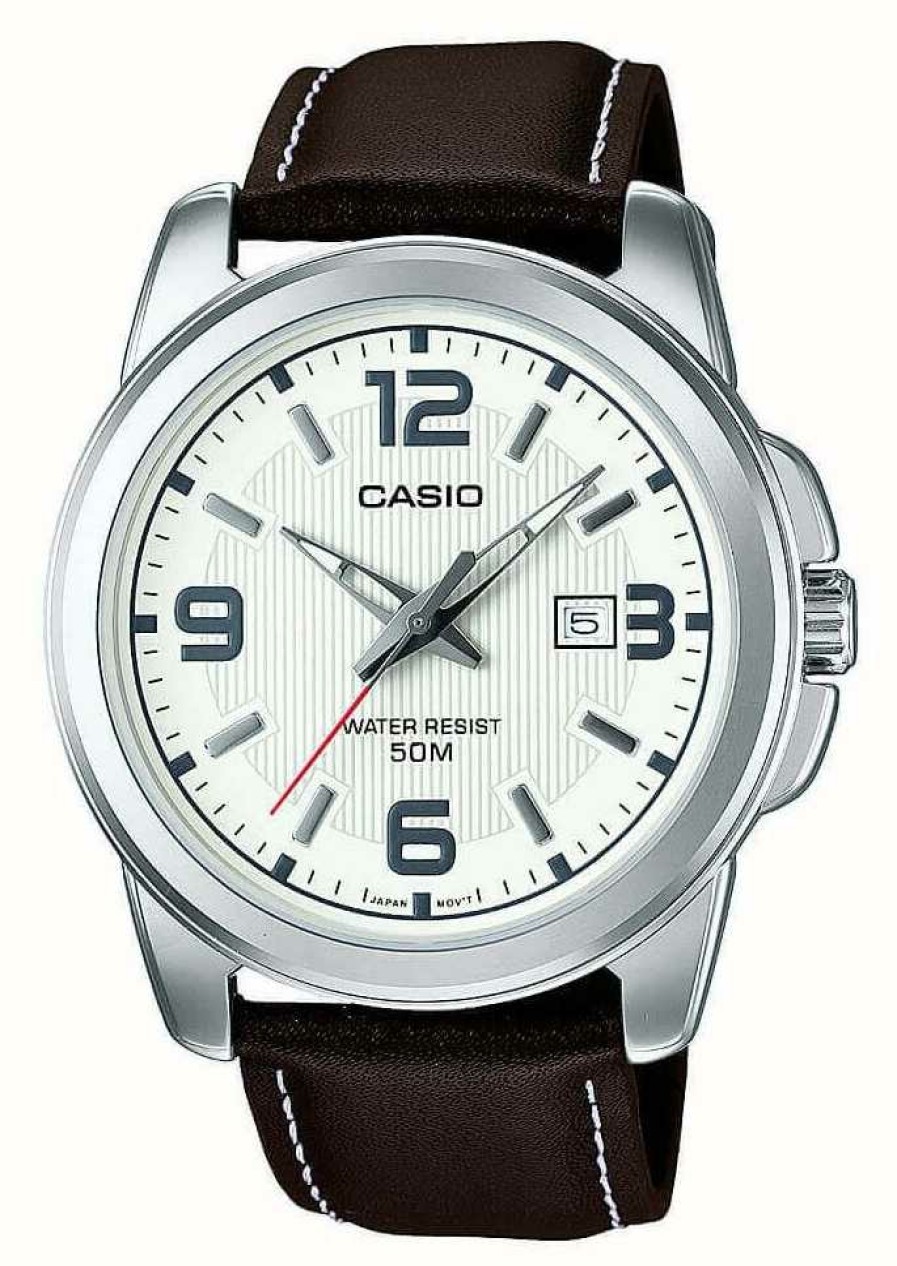 Men'S Casio | Casio Classic Analogue (44.9Mm) White Dial / Brown Leather