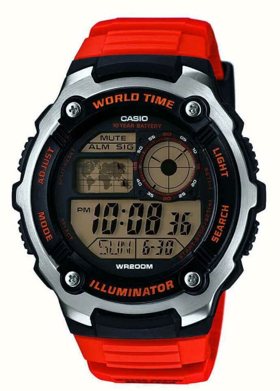 Men'S Casio | Casio World Time Illuminator (47.7Mm) Digital Dial / Orange Resin