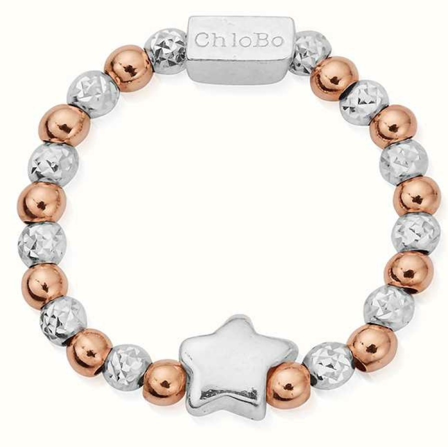 Jewelry ChloBo Jewellery | Chlobo Mixed Metal Inset Star Ring Size Large Rose Gold Plated Sterling Silver