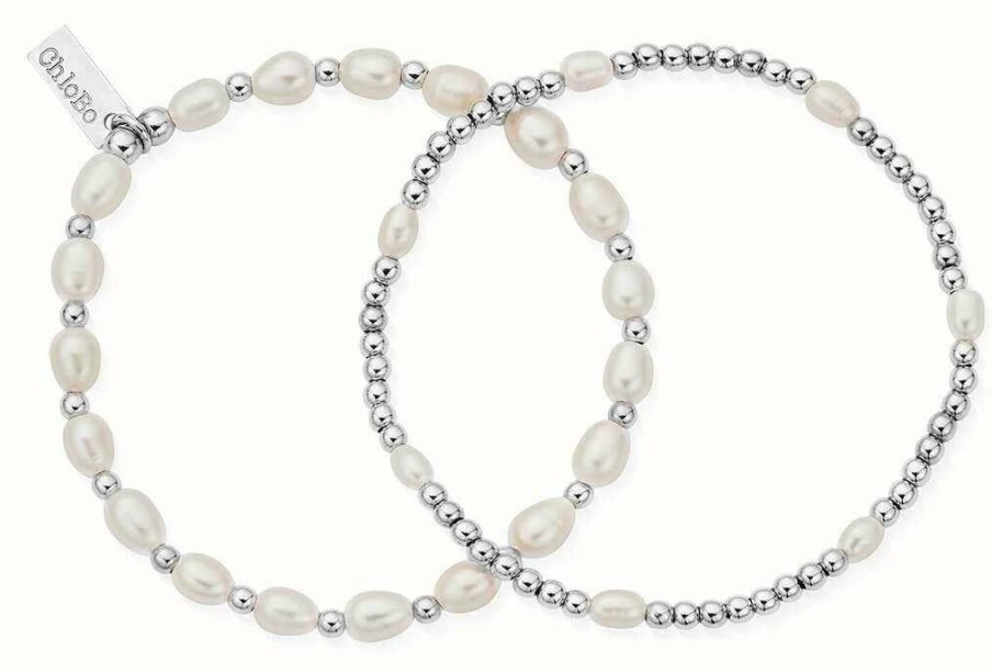 Jewelry ChloBo Jewellery | Chlobo Pearl Set Of 2 Layering Bracelets Sterling Silver