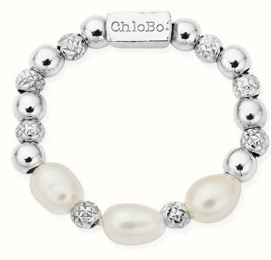 Jewelry ChloBo Jewellery | Chlobo Triple Sparkle Pearl Ring Sterling Silver Size Large