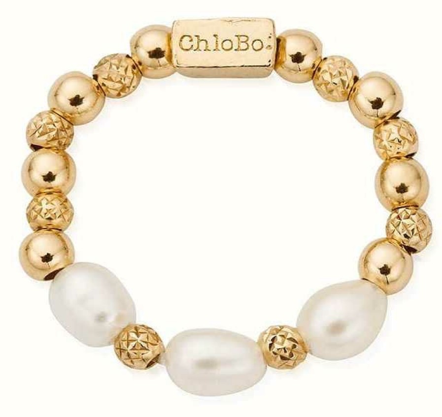 Jewelry ChloBo Jewellery | Chlobo Triple Sparkle Pearl Ring Size Large Gold Plated Sterling Silver