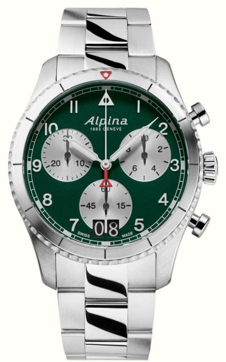 Men'S Alpina | Alpina Startimer Pilot Quartz Chrono Big Date (41Mm) Green Dial / Stainless Steel