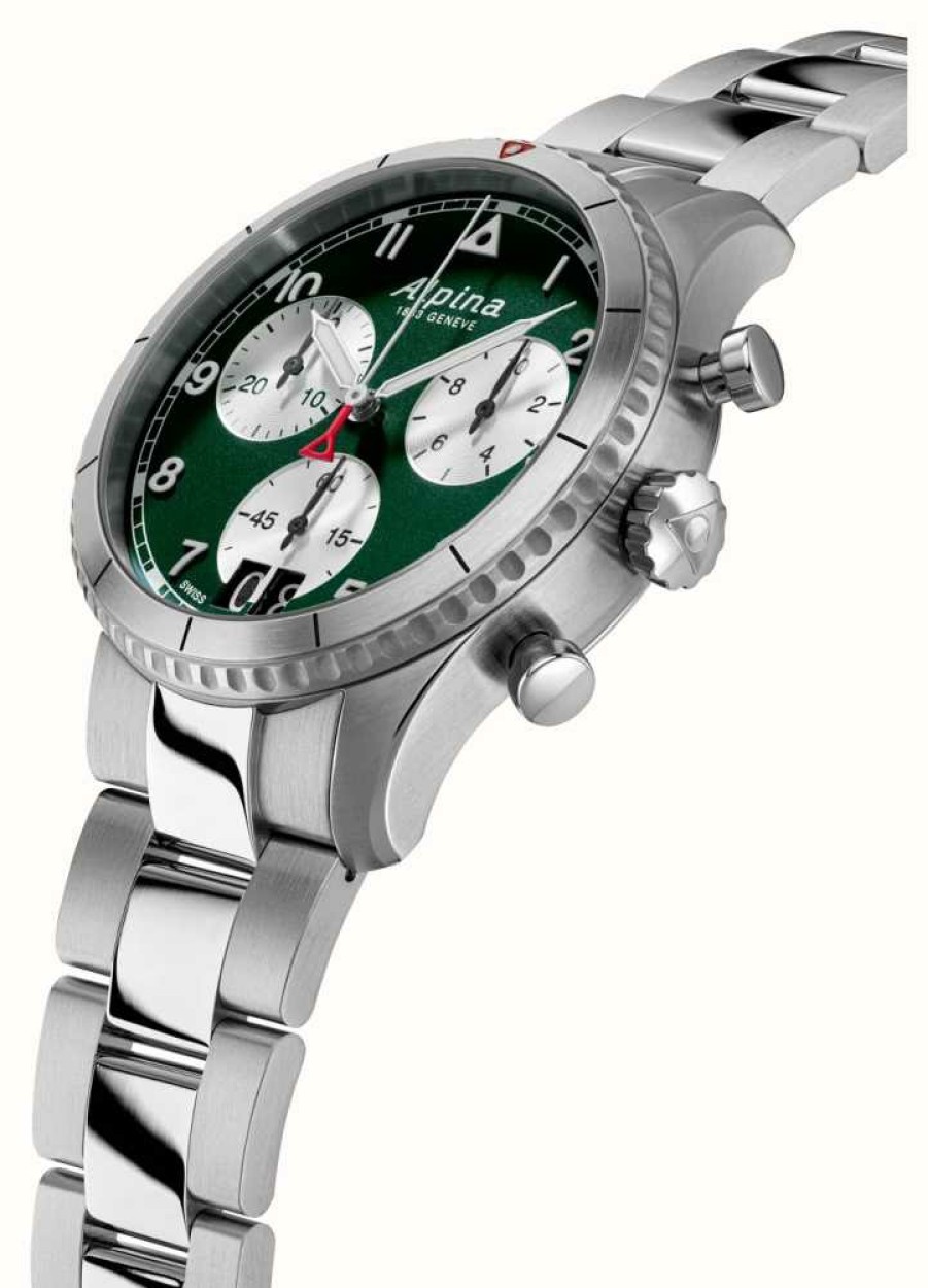 Men'S Alpina | Alpina Startimer Pilot Quartz Chrono Big Date (41Mm) Green Dial / Stainless Steel