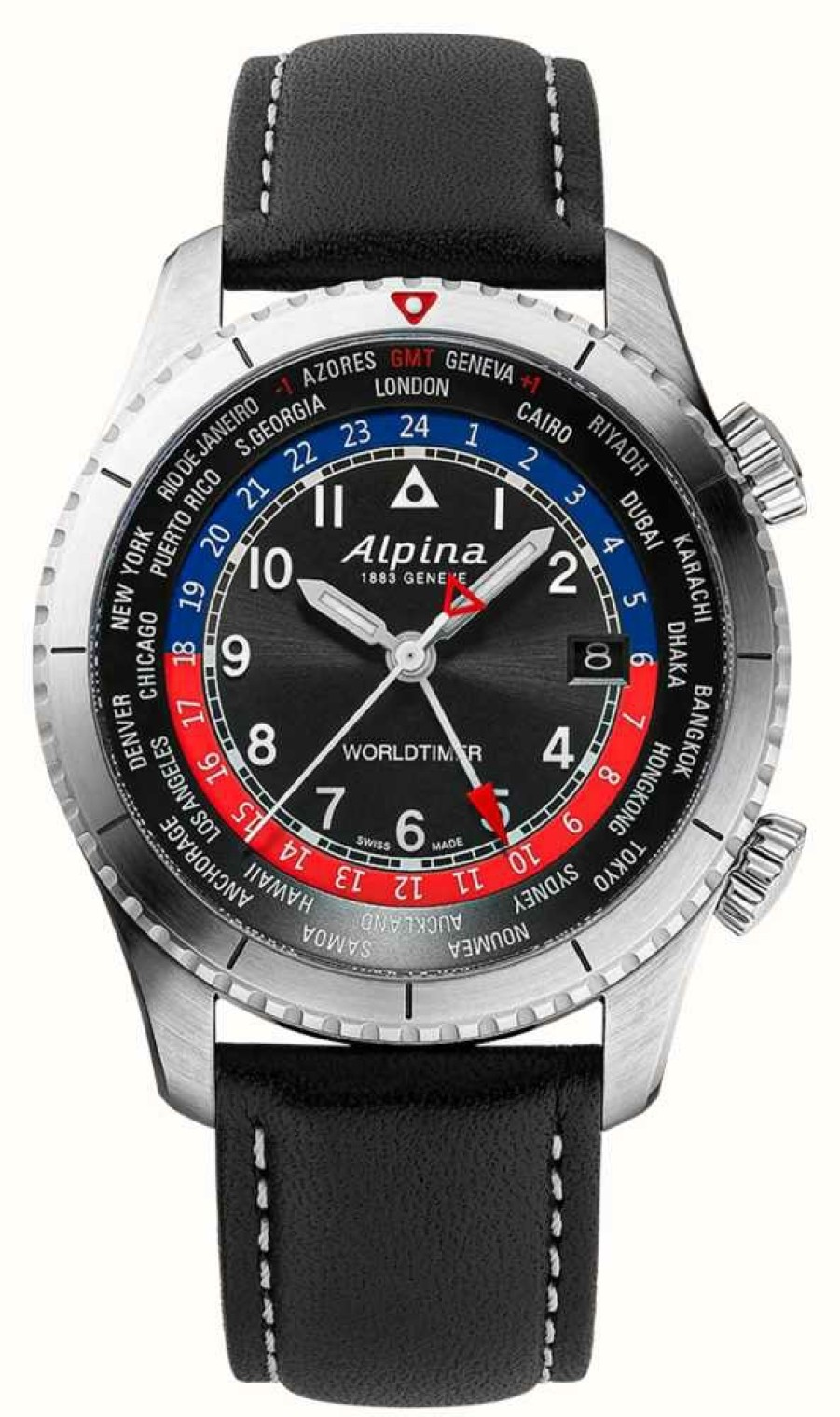 Men'S Alpina | Alpina Startimer Pilot Quartz Worldtimer (41Mm) Black Dial / Black Calf Leather