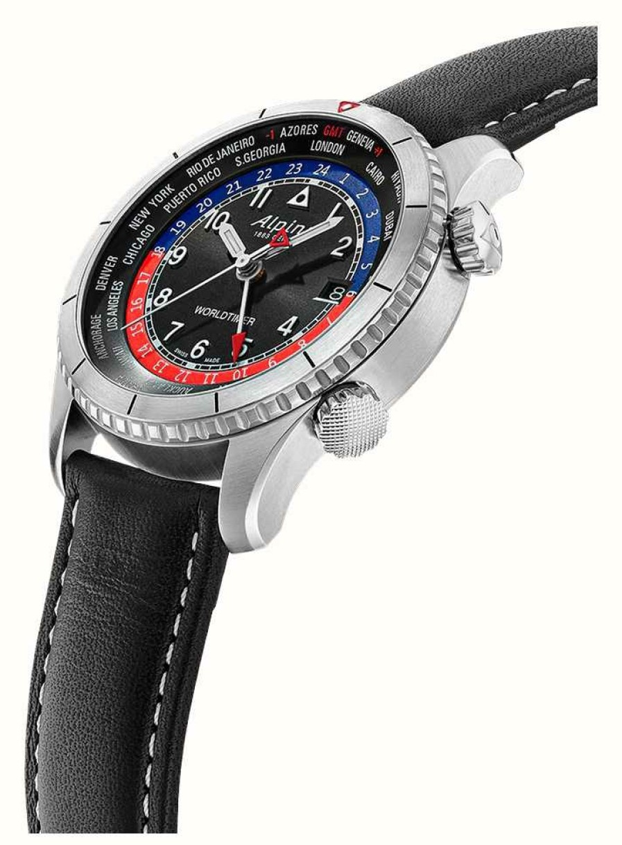 Men'S Alpina | Alpina Startimer Pilot Quartz Worldtimer (41Mm) Black Dial / Black Calf Leather