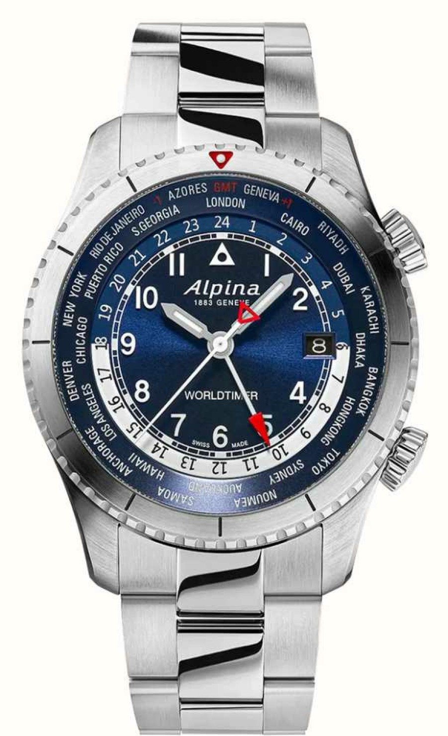 Men'S Alpina | Alpina Startimer Pilot Quartz Worldtimer (41Mm) Blue Dial / Stainless Steel