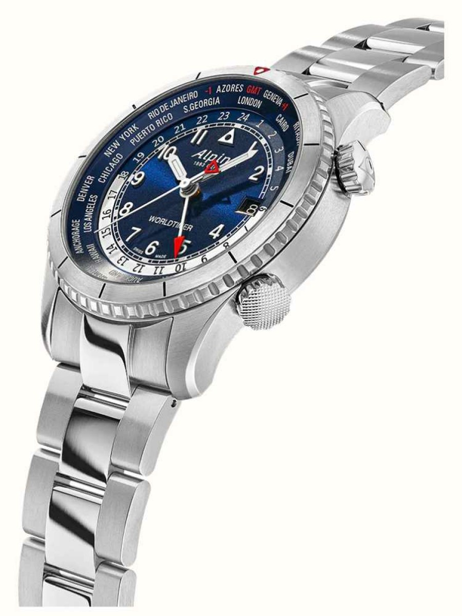 Men'S Alpina | Alpina Startimer Pilot Quartz Worldtimer (41Mm) Blue Dial / Stainless Steel