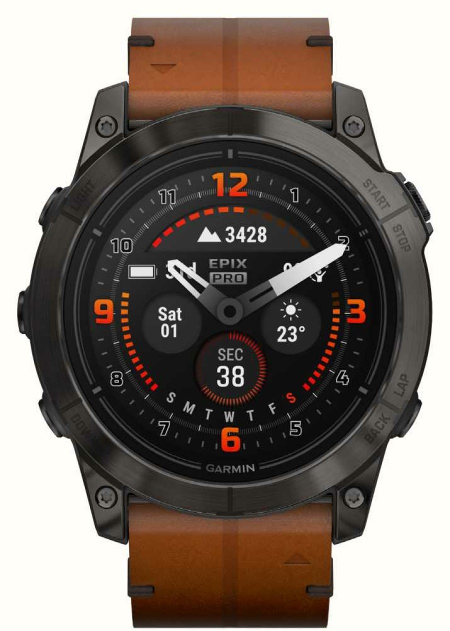 Men'S Garmin | Garmin Epix Pro Gen 2 (51Mm) Sapphire Carbon Grey Dlc Titanium Chestnut Leather