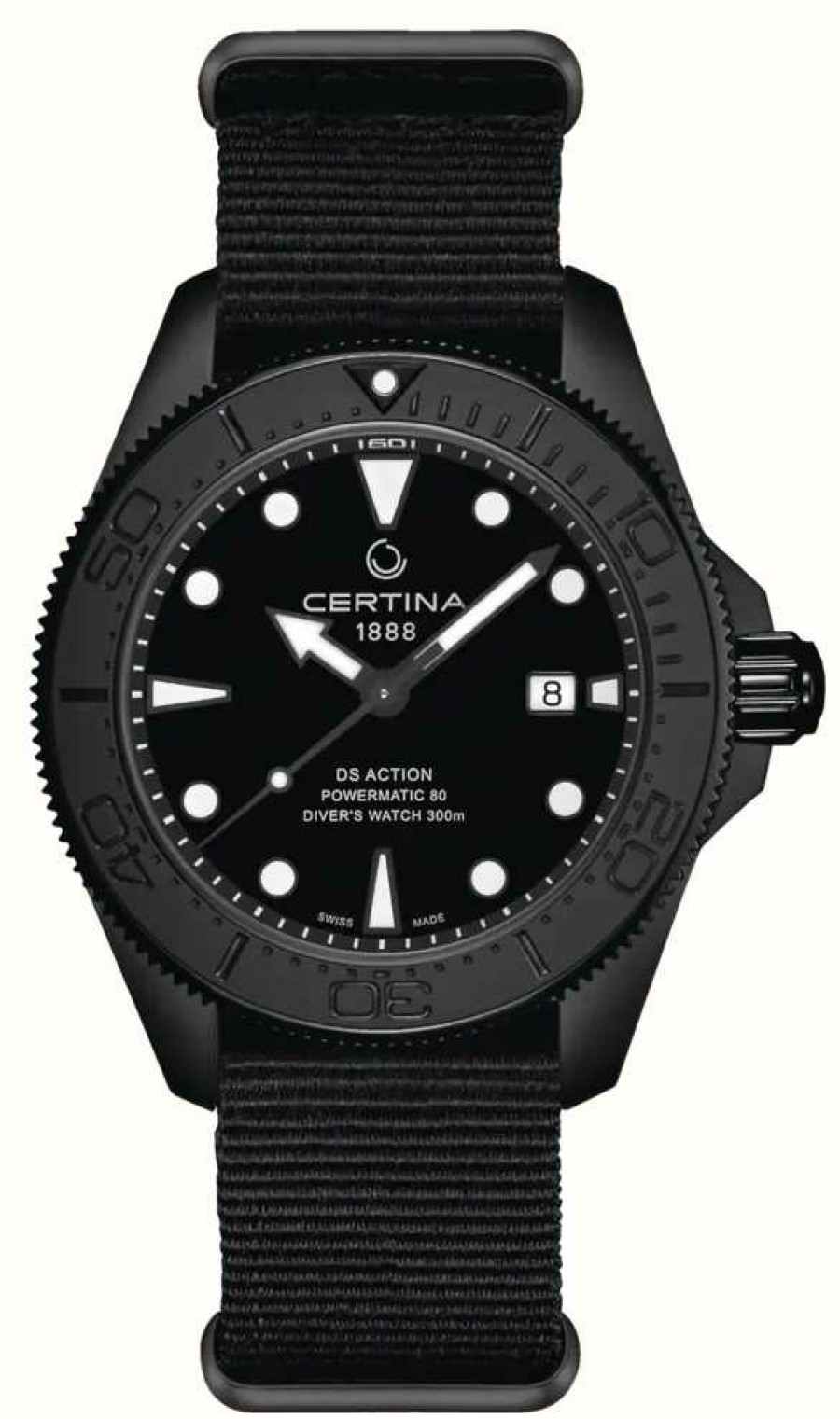 Men'S Certina | Certina Ds Action Diver Automatic (43Mm) Black Dial / Black Fabric Strap