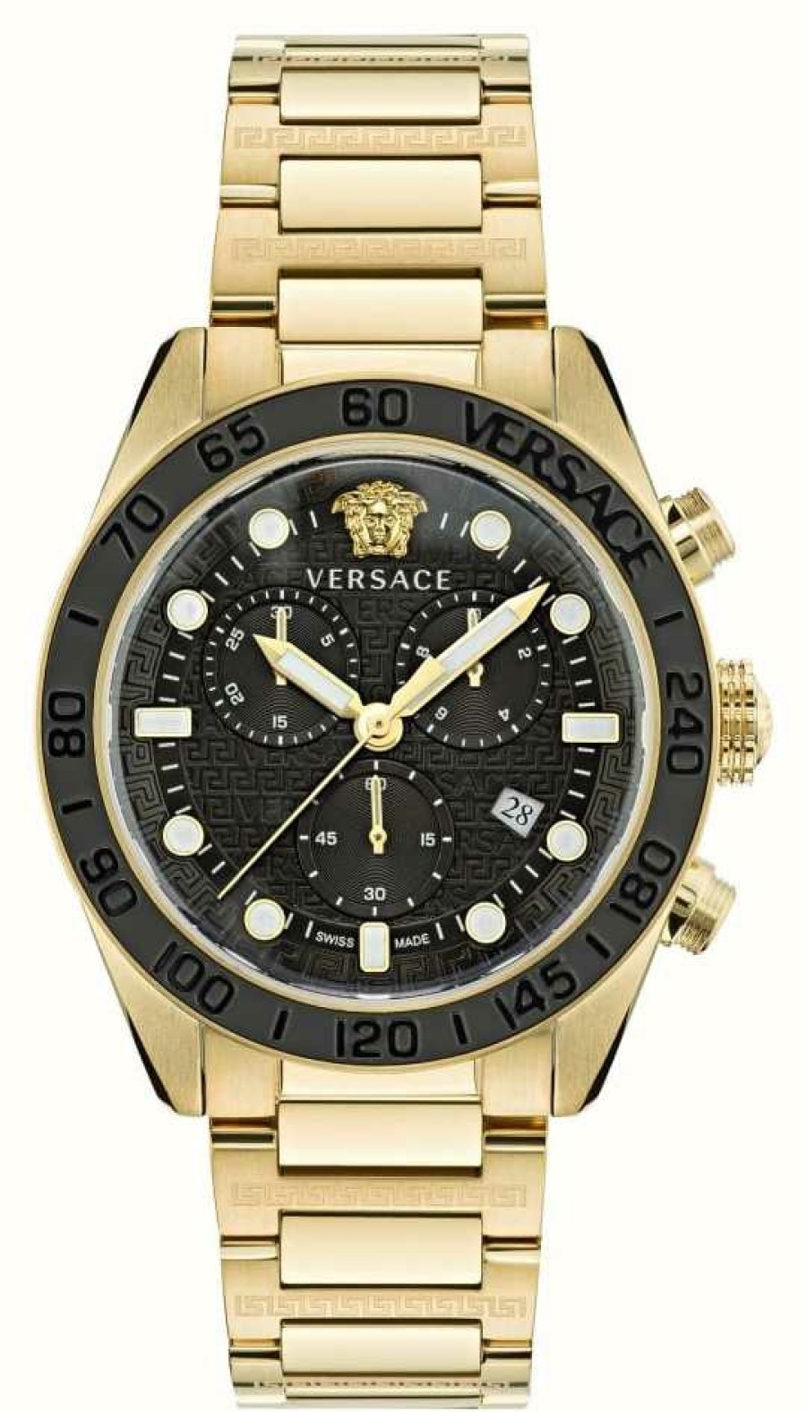 Men'S Versace | Versace Greca Dome Chrono (43Mm) Black Dial / Gold Pvd Stainless Steel