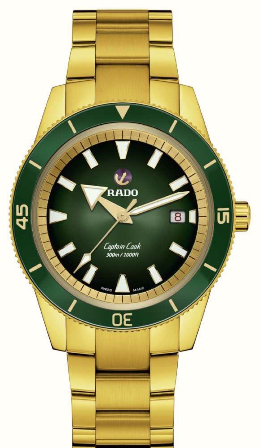 Men'S RADO | Rado Captain Cook Automatic (42Mm) Green Dial / 3-Link Gold Pvd Stainless Steel Bracelet