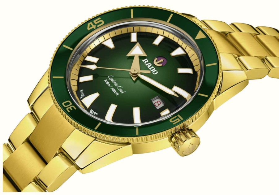 Men'S RADO | Rado Captain Cook Automatic (42Mm) Green Dial / 3-Link Gold Pvd Stainless Steel Bracelet