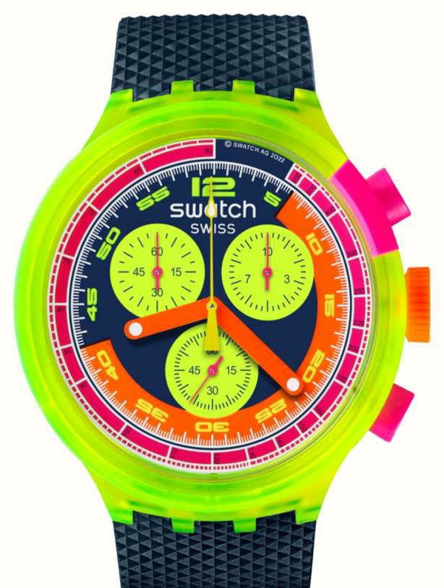 Men'S Swatch | Swatch Neon To The Max Black And Neon Chrono Dial / Black Bio-Sourced Strap