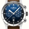 Men'S FORTIS | Fortis Flieger F-43 Bicompax Liberty Blue (43Mm) Teak Brown Leather Aviator Strap